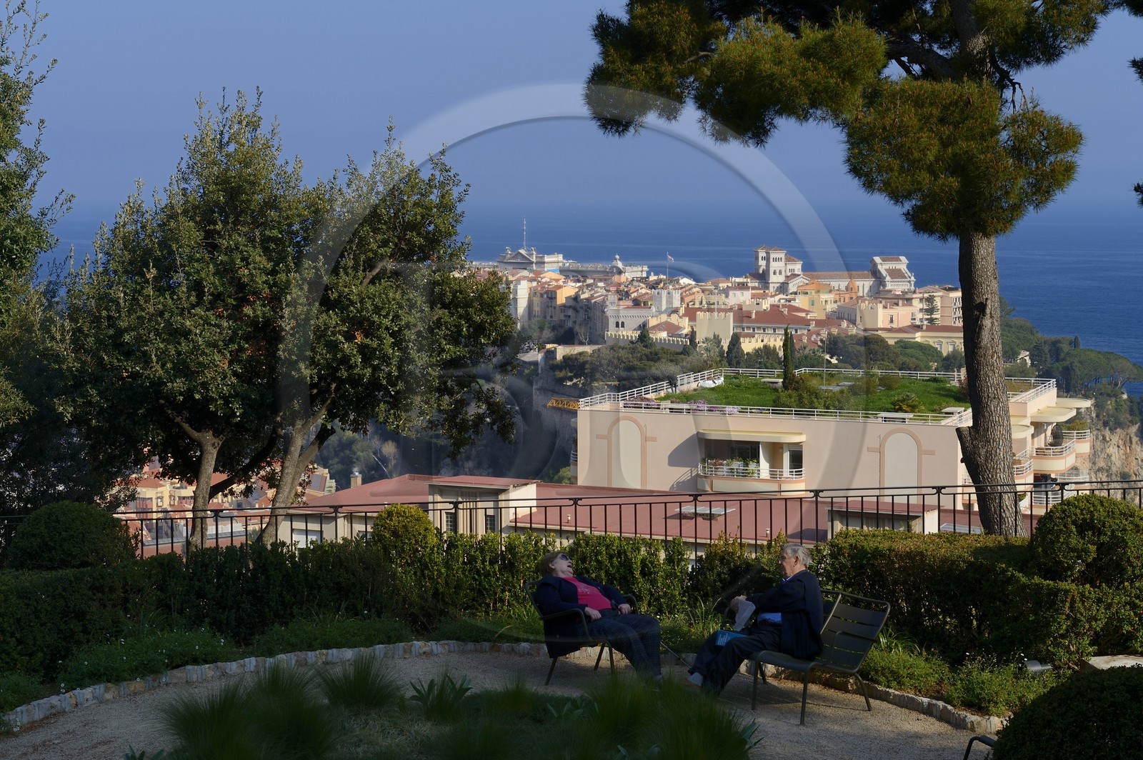Principality of Monaco, Monaco, the garden of the Nouveau Musée National de Monaco (NMNM) Villa Paloma and the Rock in the background