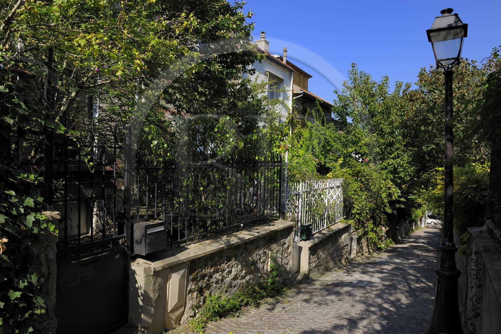 France, Paris (75), 20ème arr, La campagne à Paris du quartier Mouzaïa maisons avec jardins au coeur de la ville, villa Eugène Leblanc