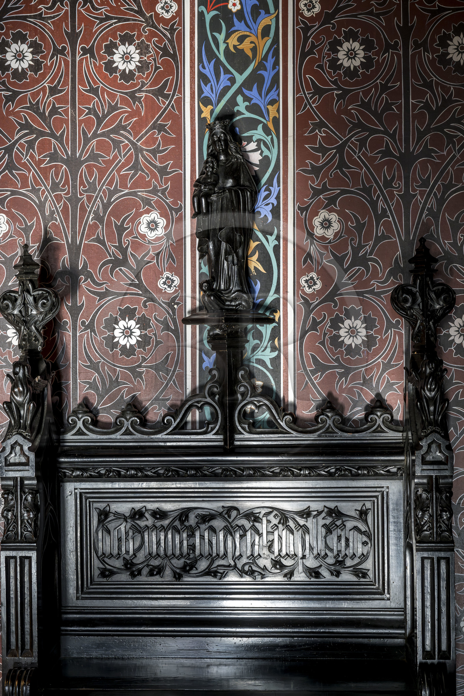 France, Pyrenees Atlantiques, Basque Country coast, Hendaye, Abbadia castle built in 1870 by Eugène Viollet-le-Duc for Antoine d'Abbadie d'Arrast, the tower room decorated with black-dyed pearwood furniture in the late neo-Gothic style