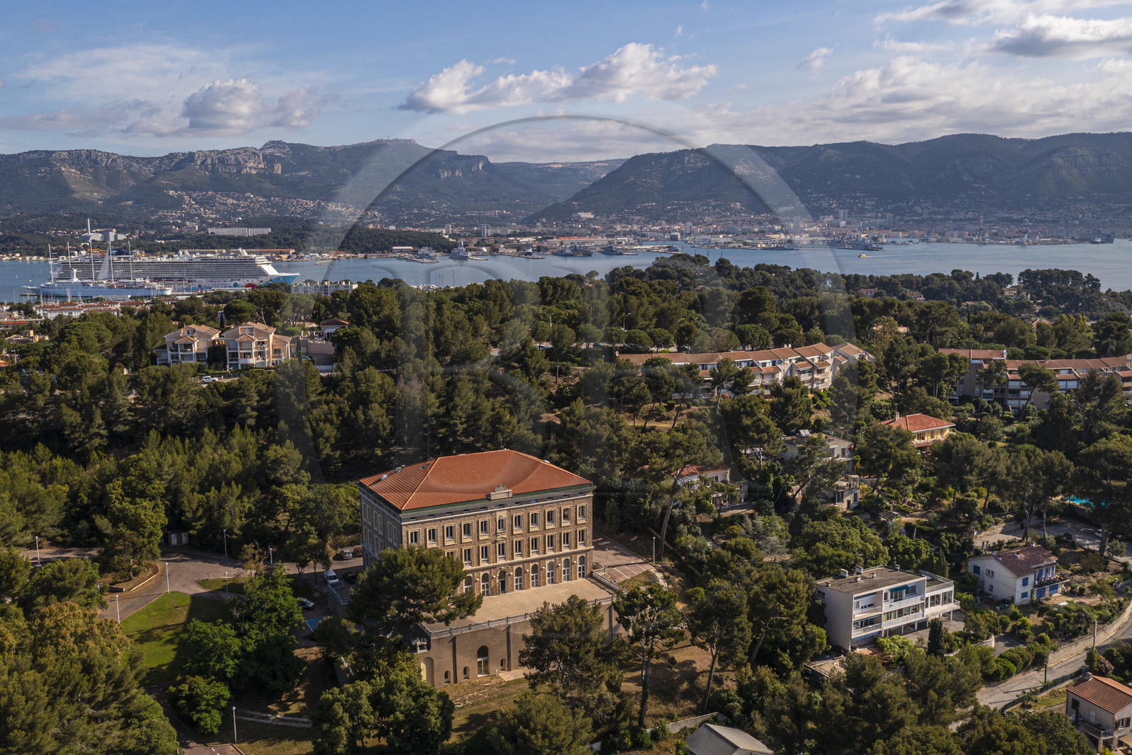 France, Var, the Rade (Roadstead) of Toulon, La Seyne-sur-Mer, district of Tamaris, the villa Tamaris, art center dedicated to the exhibition of contemporary art (aerial view)