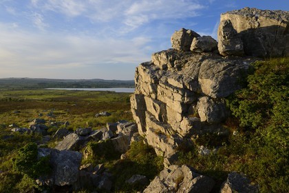 France, Finistère (29), parc naturel régional d'Armorique, Monts d'Arrée, rocher des exorcismes druidiques du marais du Yeun-Elez menant au Youdig (une des portes de l'enfer) surplombant le réservoir de Saint-Michel