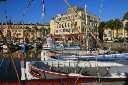 France, Var (83), Sanary-sur-Mer, barques traditionnelles de peche appelées pointus sur le port, l'Hotel de la Tour qui enroule la tour romane du XIIIème siècle en arrière plan