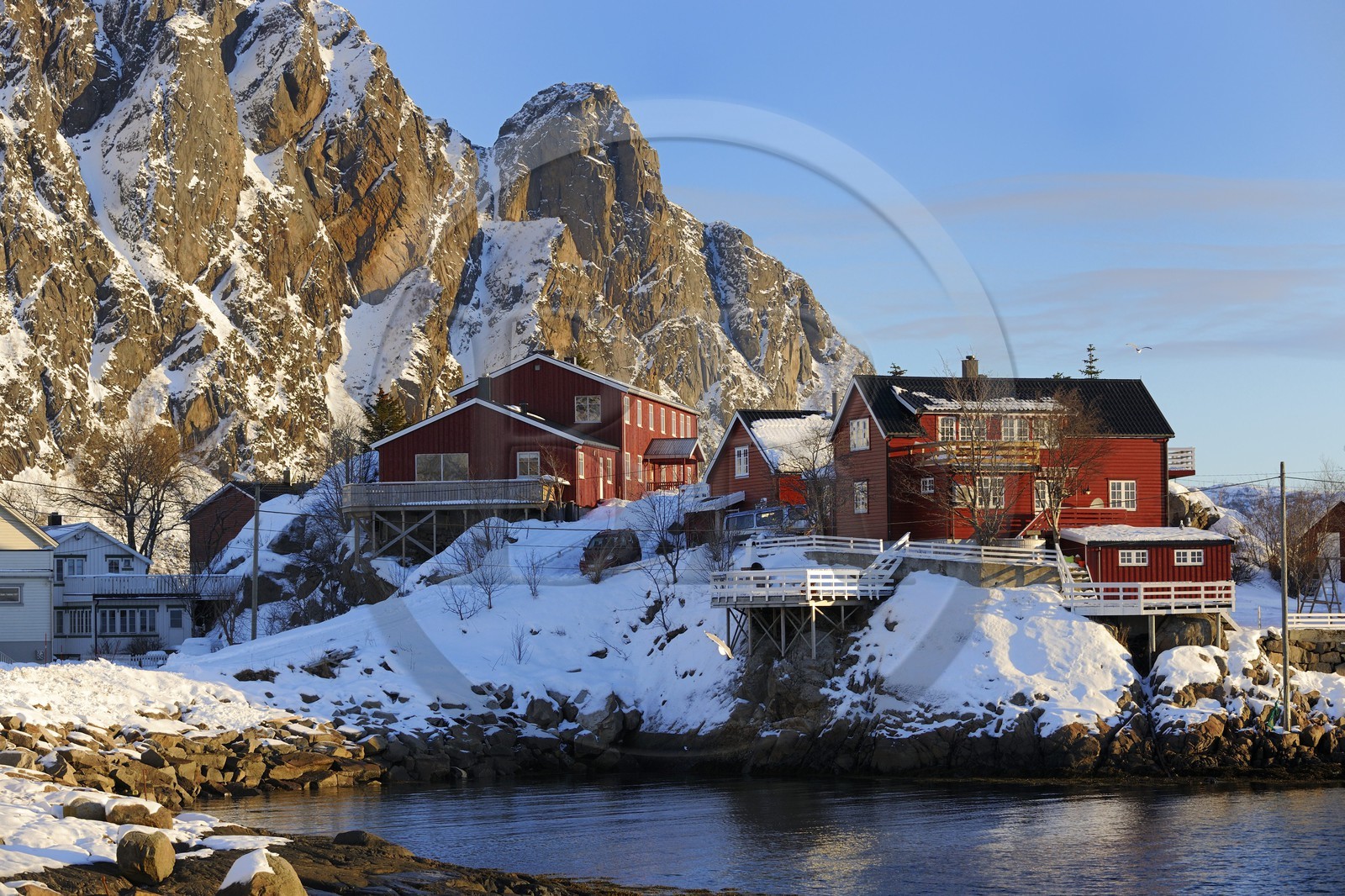 Norvège, Nordland, Îles Lofoten, le port de Svolvaer, maisons en bois