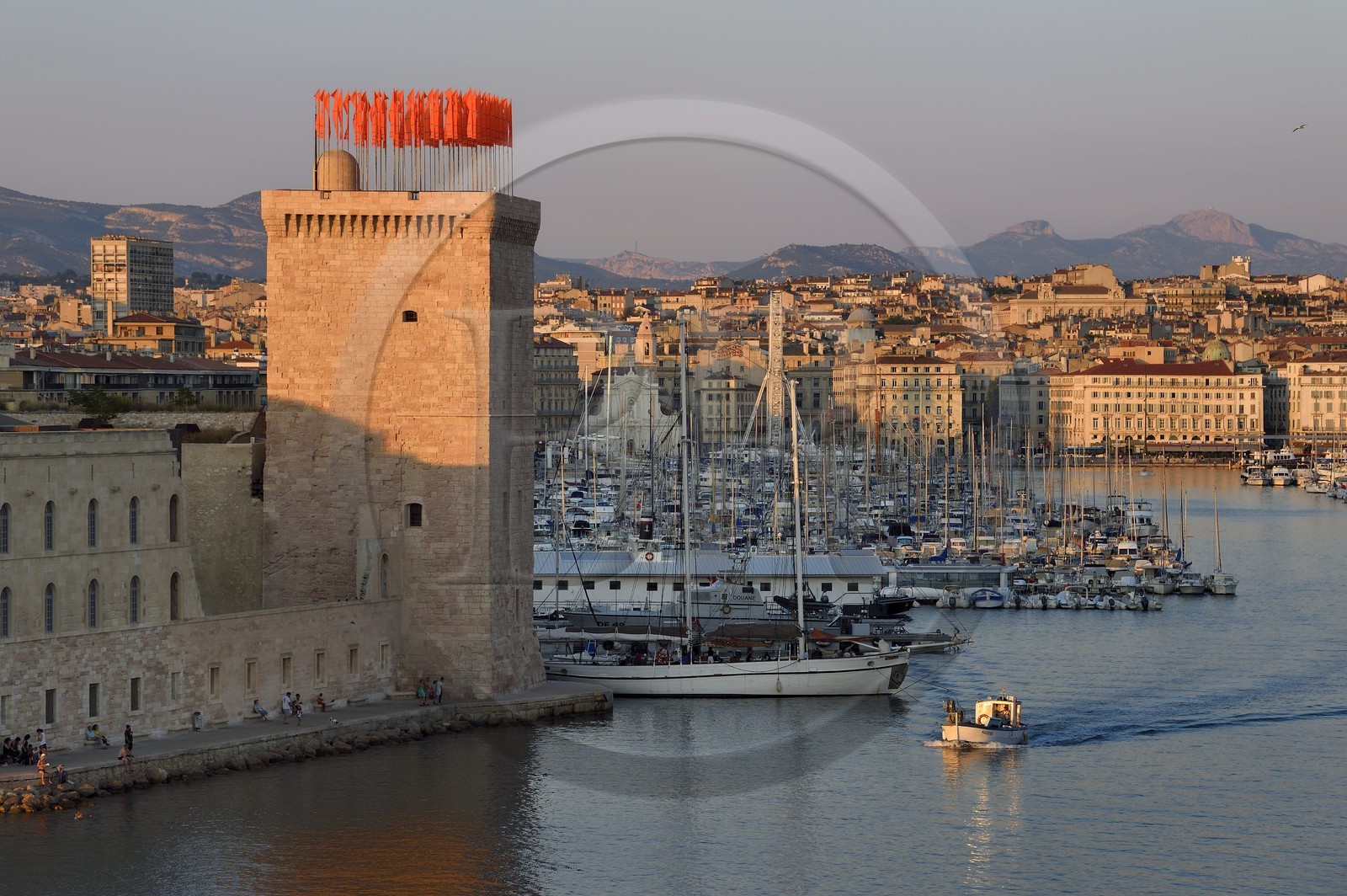 France, Bouches du Rhone, Marseille, the Vieux Port and Fort Saint Jean in the foreground