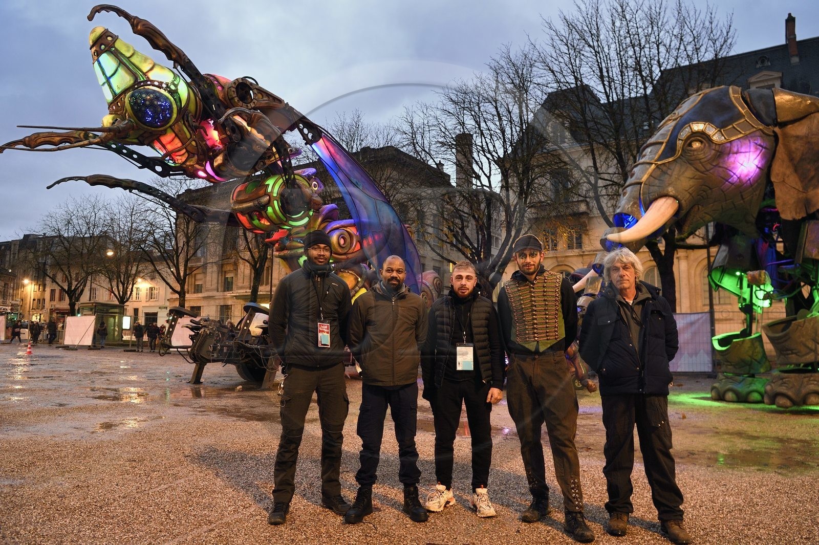 France, Meurthe-et-Moselle, Nancy, preparations for the parade of Saint-Nicolas place Carnot, 12-meter grasshopper with a colorful look from Microcosmos on the left and Elephantasia on the right from the company Planète Vapeur in the center