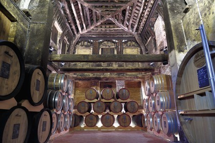 France, Calvados, Pays d'Auge, Le Breuil en Auge, Chateau du Breuil producer of Calvados AOC Pays d'Auge, barrels in aging cellars