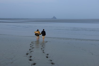 France, Manche, Bay of Mont Saint Michel, strand fisherman Guy Jugan on his way to lift his nets full of Crangon crangon shrimps (grey shrimp)