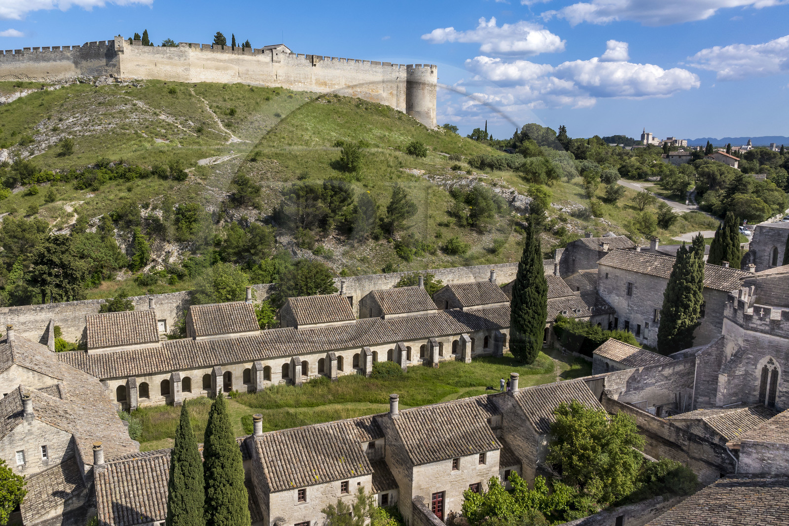France (30), Gard, Villeneuve-lès-Avignon, la Chartreuse Notre-Dame-du-Val-de-Bénédiction, le grand cloitre ou cloitre des morts surplombé par le Fort Saint André (vue aérienne)