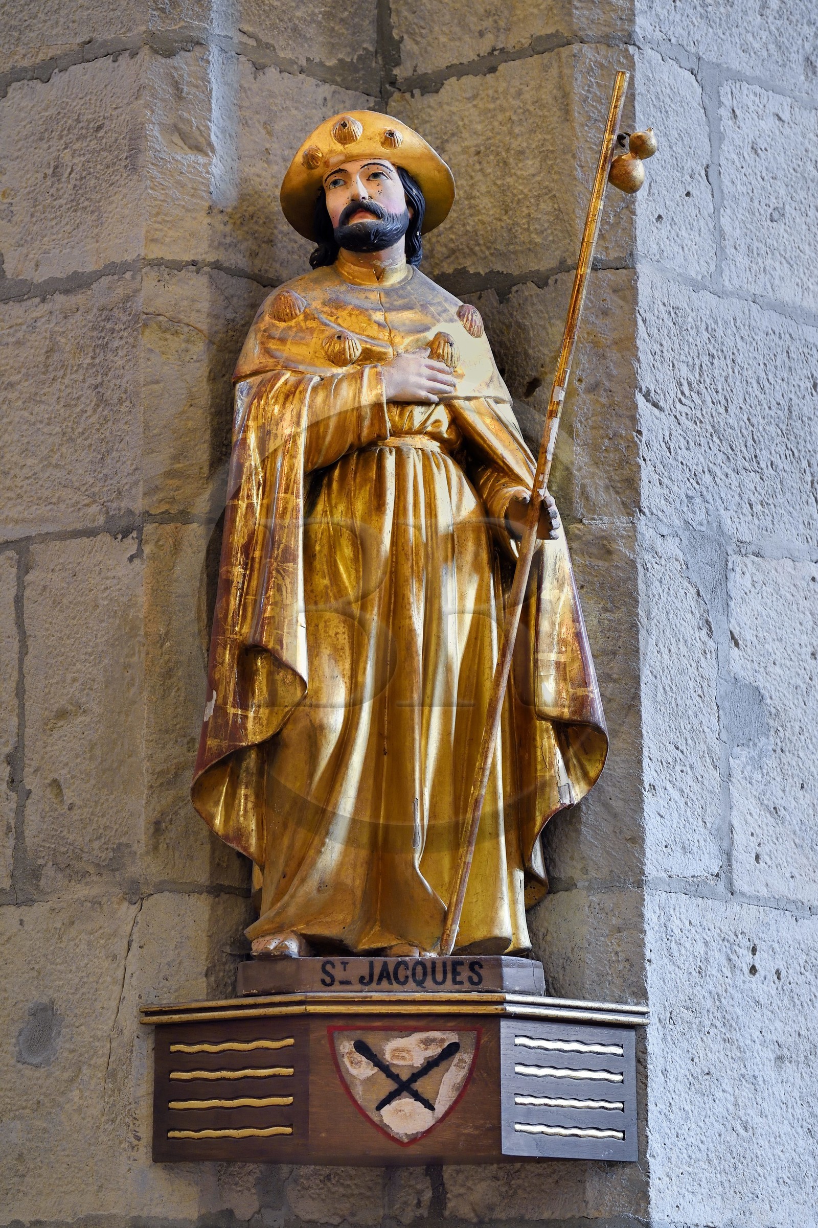 France, Cantal, Parc Naturel Régional des Volcans d'Auvergne (regional nature park of Auvergne volcanoes), Saint Jacques des Blats on the Way of St. James to Santiago de Compostela by Via Arverna, statue of Saint James in the church