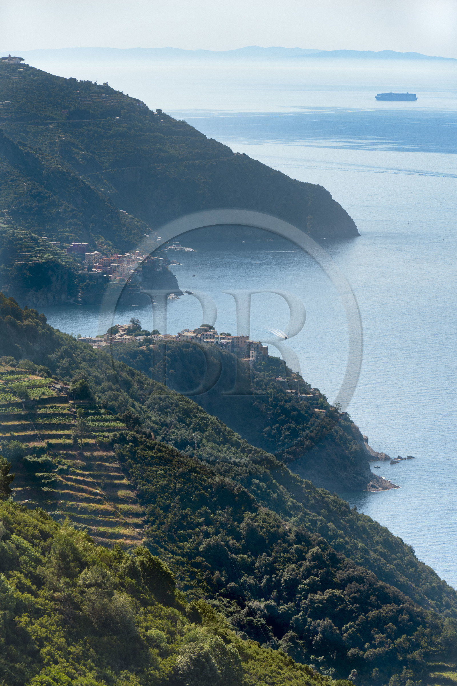 Italy, Liguria, Cinque Terre National Park listed as World Heritage by UNESCO, hike on the GR 582 path between the sanctuary of Nostra Signora de Soviore and Nostra Signora di Reggio on the heights of the village of Vernazza, the villages of Corniglia then Manarola in the background