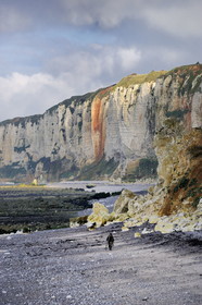 France, Seine-Maritime (76), Côte d'Albâtre, Yport, un pêcheur marchant sur la plage à marée basse au pied des falaises