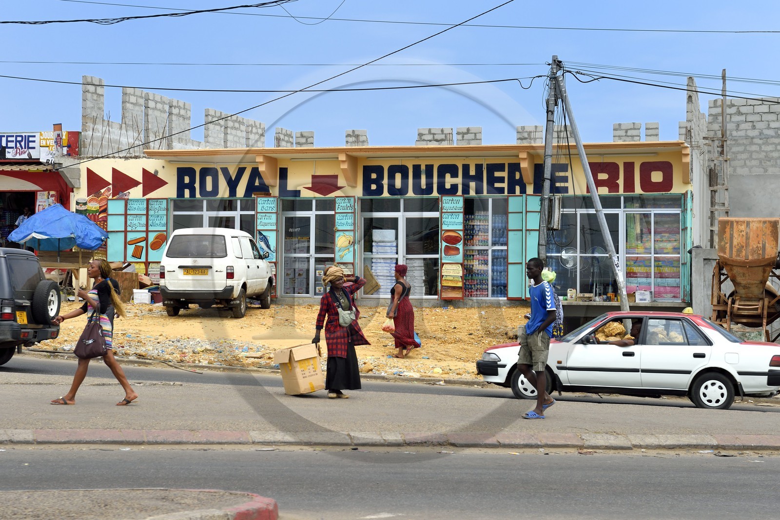 Gabon, Libreville, butchery and fish shop on the Route National 1 (state highway)