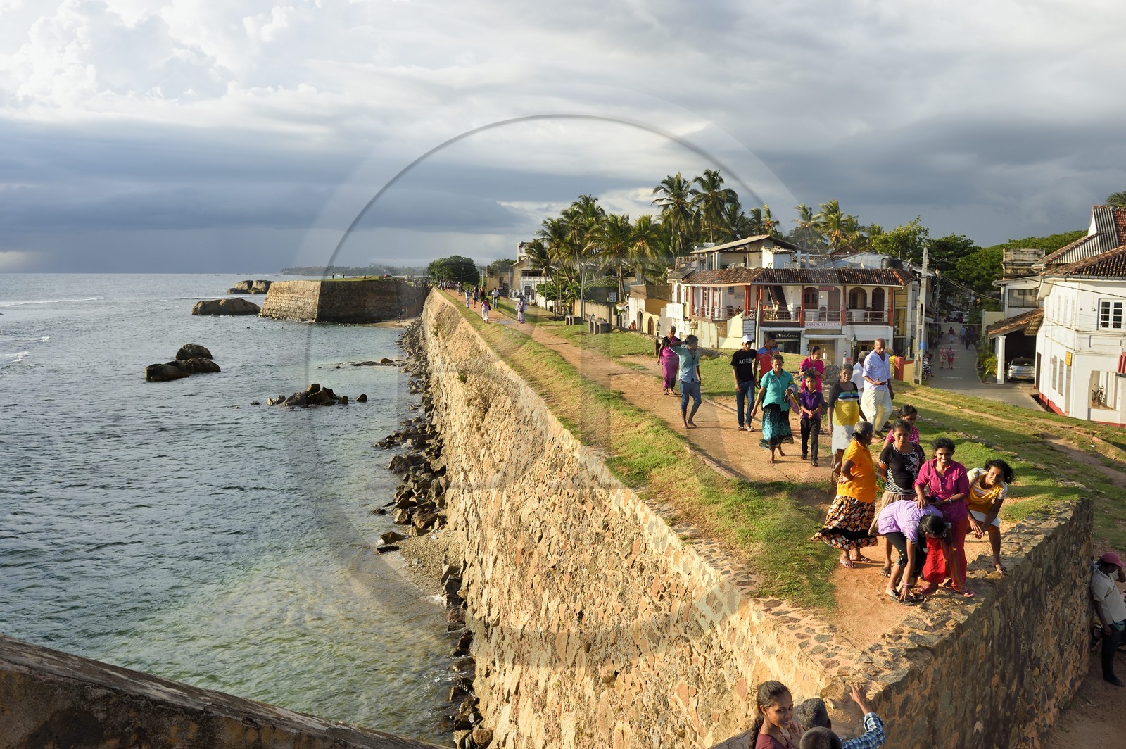 Sri Lanka, Southern Province, Galle Fort, listed as World heritage by UNESCO, old colonial houses behind the sea side walls of the fortified town