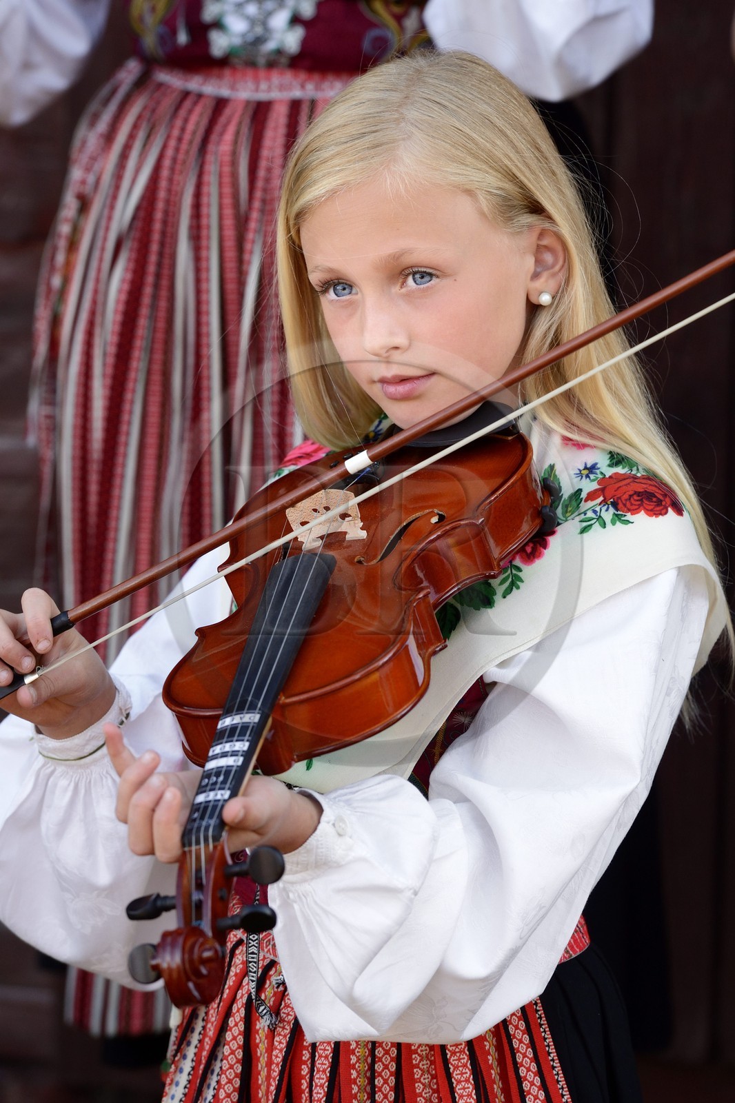 Sweden, Dalarna County, Leksand area, Midsummer celebrations in the tiny hamlet of Hjulbäck, girl in traditional dress playing the violin