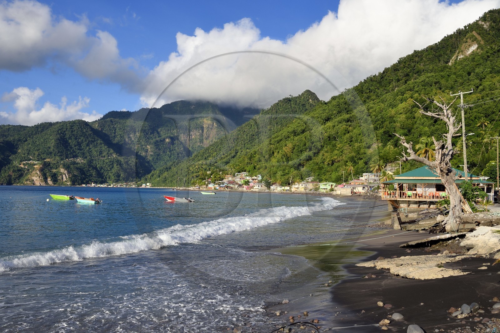 Caribbean, Dominica Island, Soufriere Bay, the village of Scotts Head and Soufriere in the background
