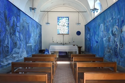 France, Alpes-Maritimes, Coaraze, labelled Les Plus Beaux Villages de France (The Most Beautiful Villages of France), La Chapelle Bleue or Chapelle des Septs Douleurs (the Blue Chapel or the Chapel of the Seven Pains), decorated by artist Ponce de Leon in 1962