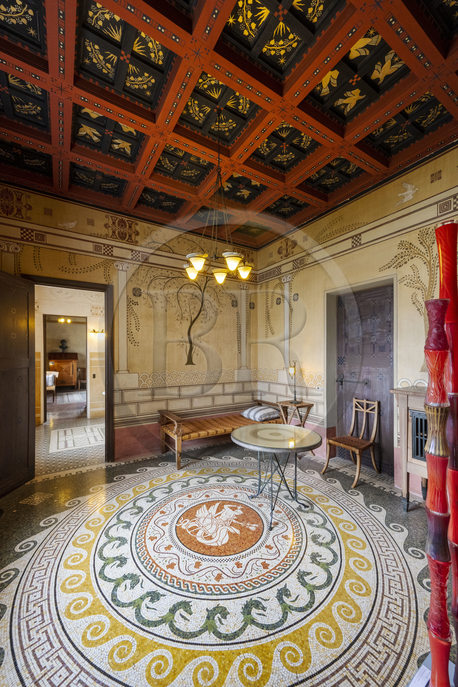 France, Alpes-Maritimes, Beaulieu-sur-Mer, neo-Greek style villa Kerylos build in 1908 by architect Emmanuel Pontremoli, rest room with a mosaic illustrating the legend of Triptolemus