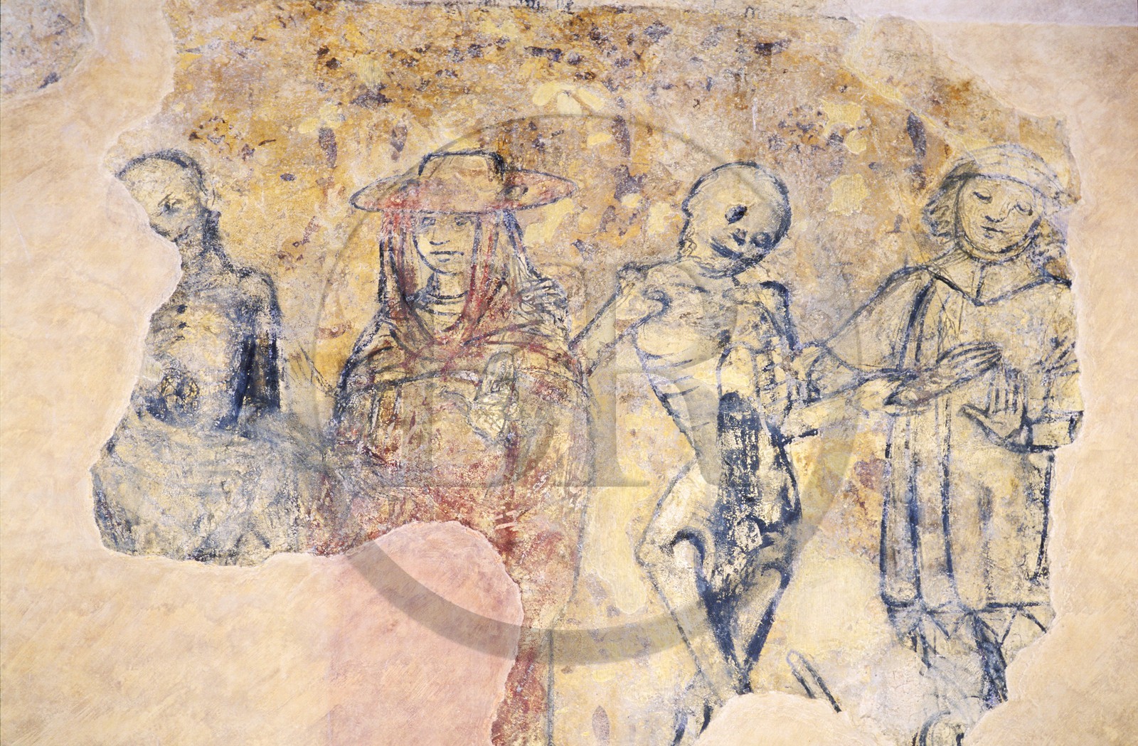 France, Morbihan (56), Kernascléden, une fresque de l' église, représentation d' Une danse macabre et de l' enfer (15ème siècle)