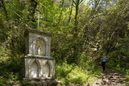 France, Vaucluse (84), Dentelles de Montmirail, Sablet, randonneurs arrivant sur le site en ruine d'une abbaye de moniales du VIIe siècle dans le vallon de Prébayon