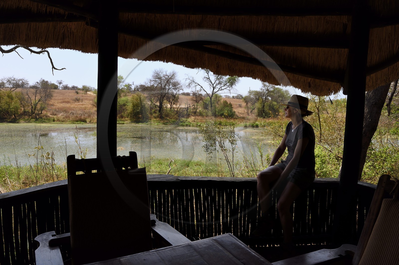 Zimbabwe, province des Midlands, Gweru, Antelope Park, terrasse d'un bungalow donnant sur le point d'eau