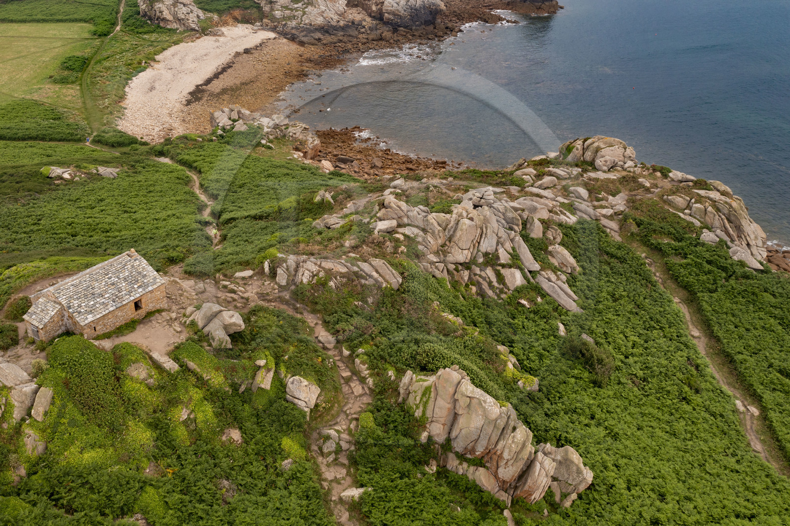 France, Finistère, Plougasnou, Primel-Trégastel, Pointe de Primel at the end of Morlaix Bay and the customs officer’s house on the GR 34 hiking trail (aerial view)