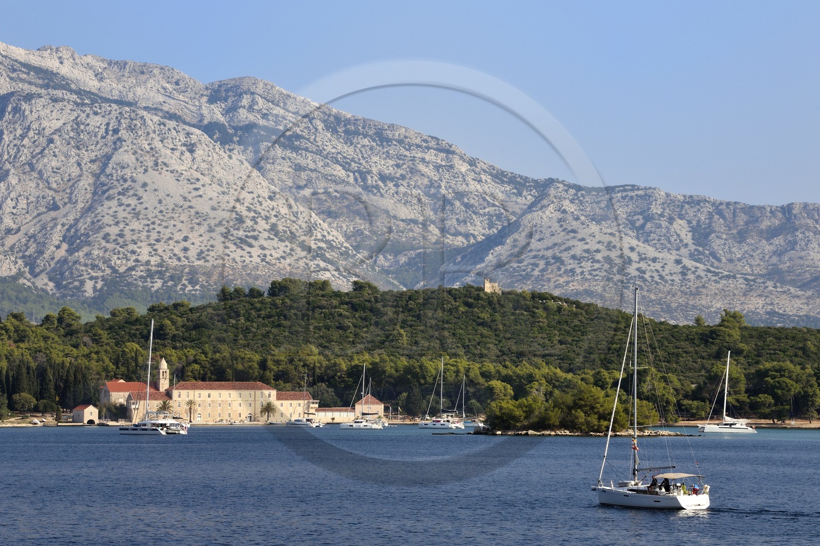 Croatie, Dalmatie, cote dalmate, monastère franciscain sur l'Ile de Badija situé dans la partie orientale du canal de Peljesac en face de l'Ile de Korcula