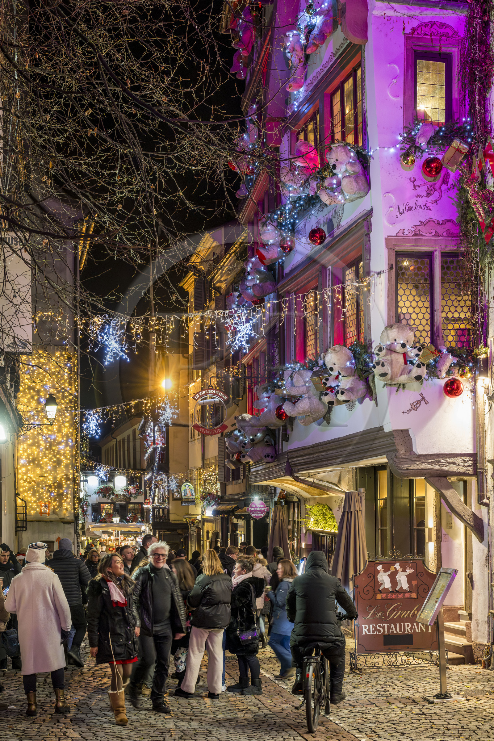 France, Bas-Rhin (67), Strasbourg, vieille ville classée au Patrimoine Mondial de l’UNESCO, la rue du Maroquin avec ses décors de Noël
