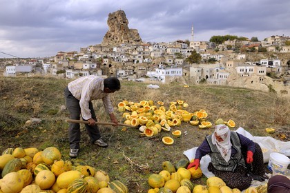 Turquie, Anatolie Centrale, province de Nevsehir, Cappadoce classée Patrimoine Mondial de l'UNESCO, village troglodytique d' Ortahisar, récupération des graines de pastèques