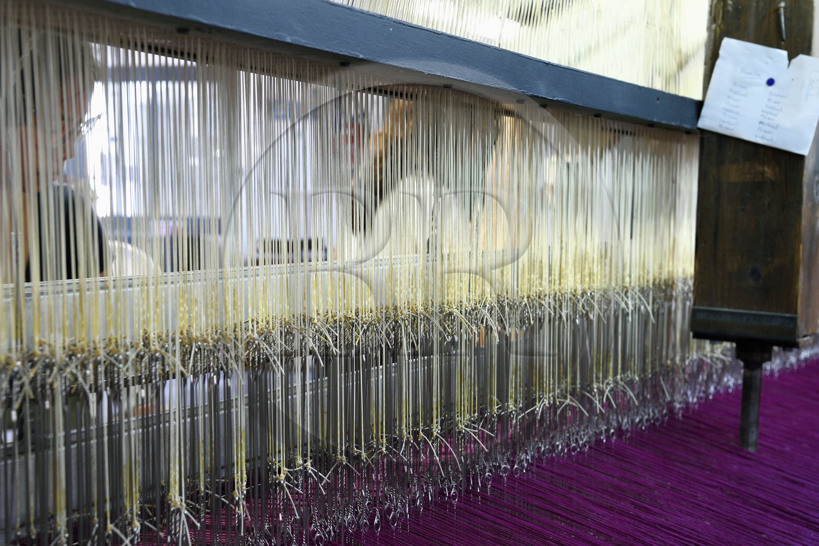 France, Var (83), Presqu'Ile de Saint-Tropez, Cogolin, la Manufacture Cogolin fabrique des tapis depuis 1924, la plupart sont tissés par lés sur des métiers Jacquard à bras du XIXème siècle, tissage du raphia sur un métier à tisser plat