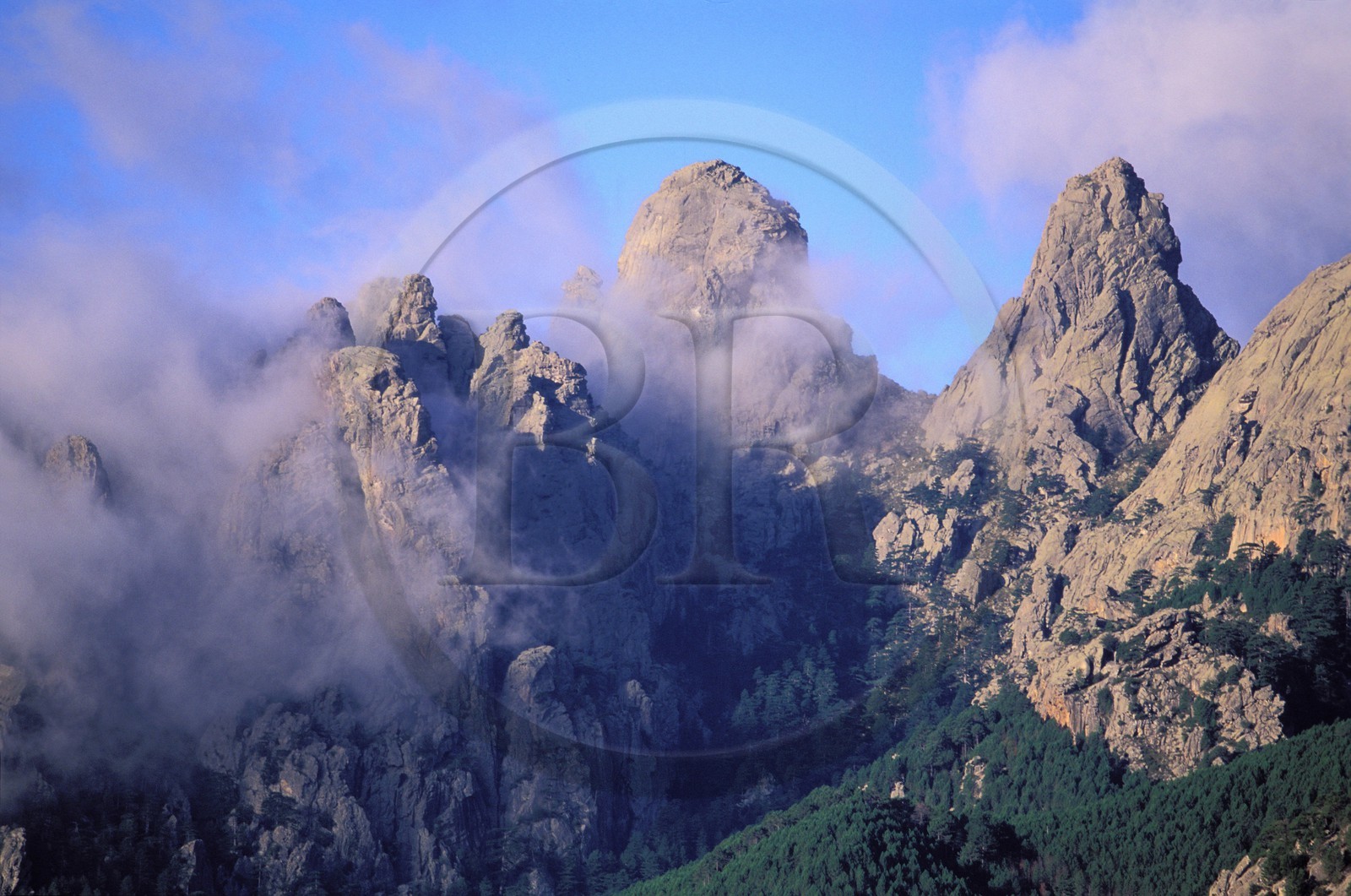 France, Corse du Sud, Alta Rocca, Bavella Needles in the clouds