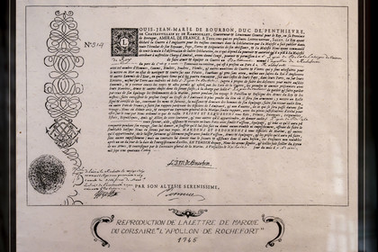 France, Ille et Vilaine, Cote d'Emeraude (Emerald Coast), Saint Malo, the Hotel Magon, authentic privateer's residence, private mansion built for François Auguste Magon de la Lande in 1725, shipowner from Saint-Malo, privateer,slaver and director of the East India Company, reproduction of the letter of marque of the privateer L'Apollon de Rochefort