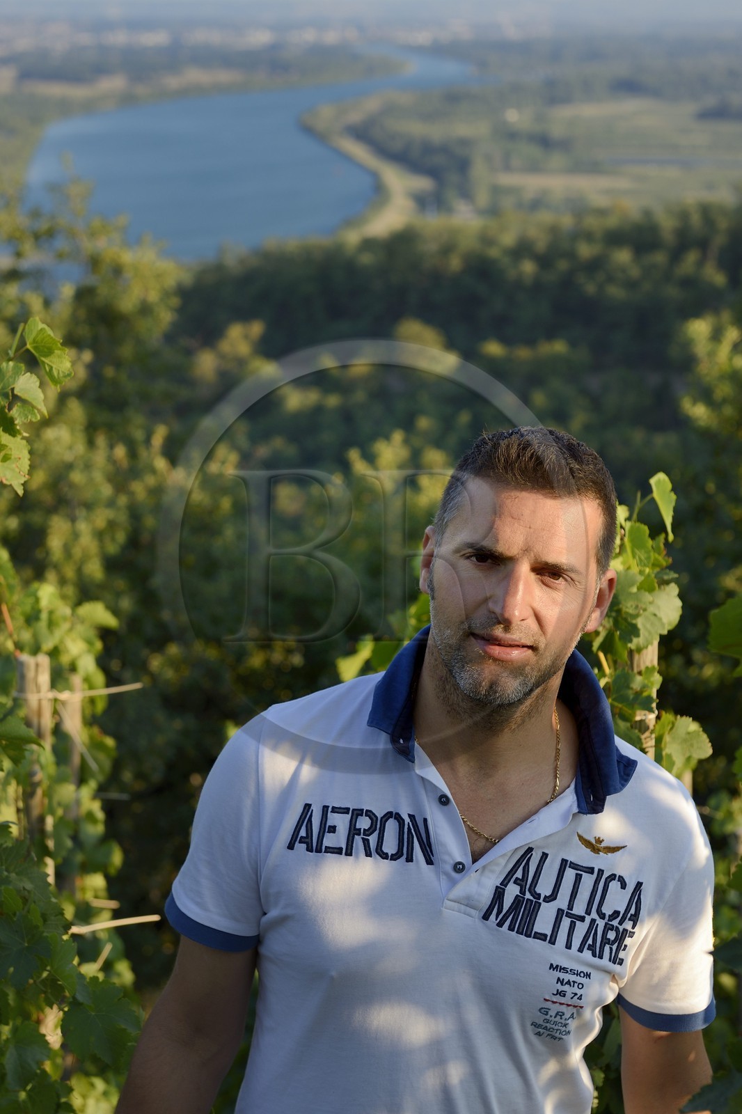 France, Loire, Parc Naturel Regional du Pilat (Natural Regional Park of Pilat), the domaine du Monteillet Stephane Montez, Stephane Montez in his vineyard overlooking the Rhone river