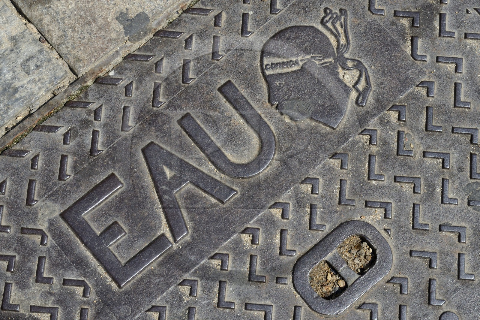 France, Haute Corse, Calvi, plate of the water network marked with the Moor's head emblem of Corsica
