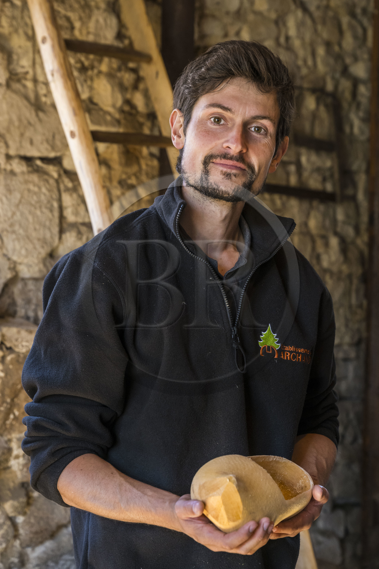 France, Nievre, Regional Natural Park of Morvan, Gouloux,  Marchand establishment (sawmill, clog making and woodworking), Pierre Marchand in the clog making workshop