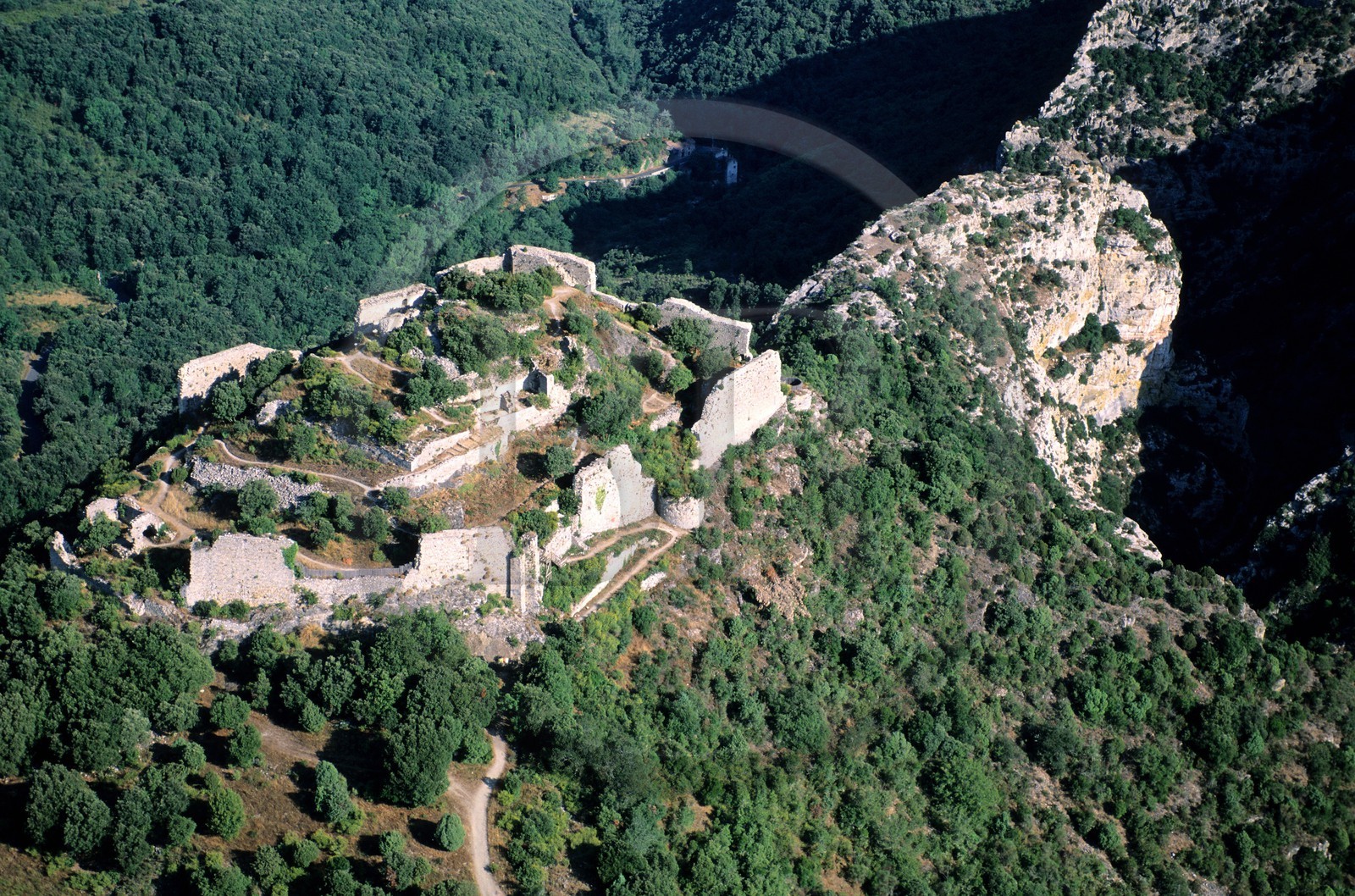 France, Aude, cathar castle of Termes in the Corbieres forest (aerial view)