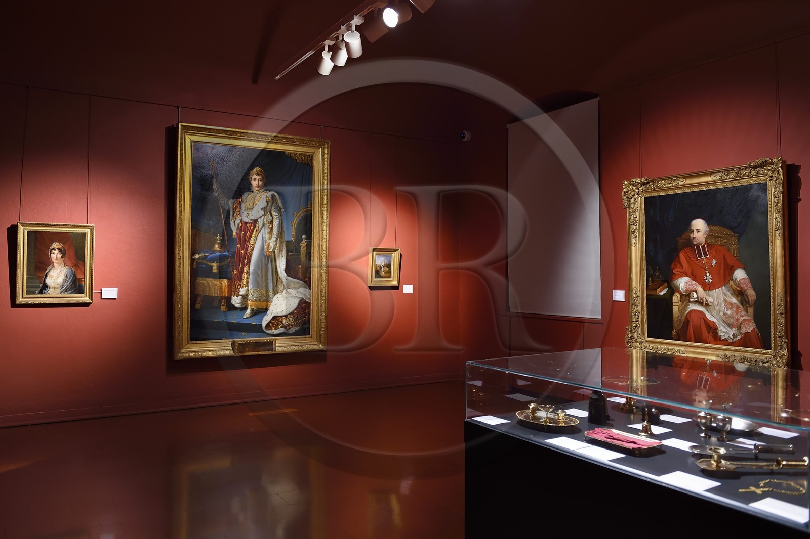 France, Corse du Sud, Ajaccio, Fesch museum (the Museum of Fine Arts), hall of Napoleonic collection, Laetitia Bonaparte left, the coronation of Napoleon in the center and a portrait of Cardinal Fesch right