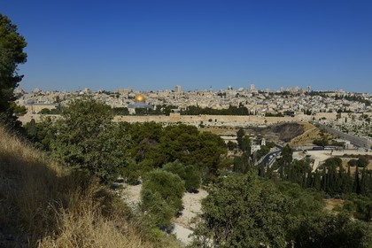 Israel, Jérusalem, ville sainte, vieille-ville classée Patrimoine Mondial de l'UNESCO, le Dôme du Rocher sur l'esplanade des Mosquées (Haram el-Sharif) vu depuis le Mont des Oliviers