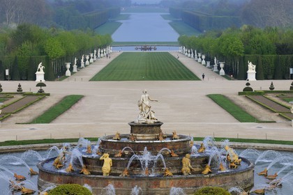 France, Yvelines, park of the Chateau de Versailles, listed as World Heritage by UNESCO, the Latona Basin and gardens perspective and the Axe du Soleil (the Sun Axis) to the Grand Canal