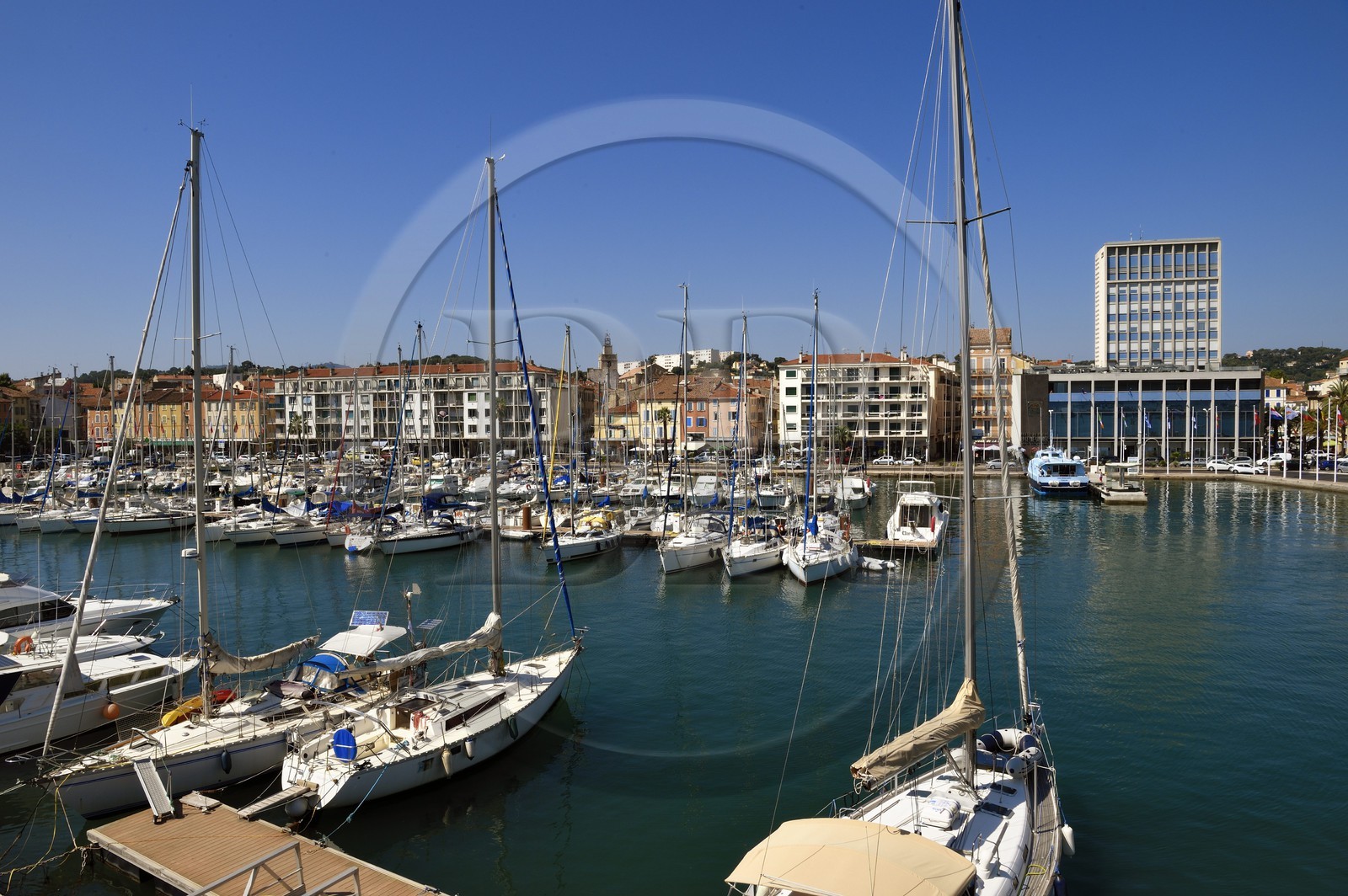 France, Var, La Seyne sur Mer, the port and the building of the City Hall in the background on the right