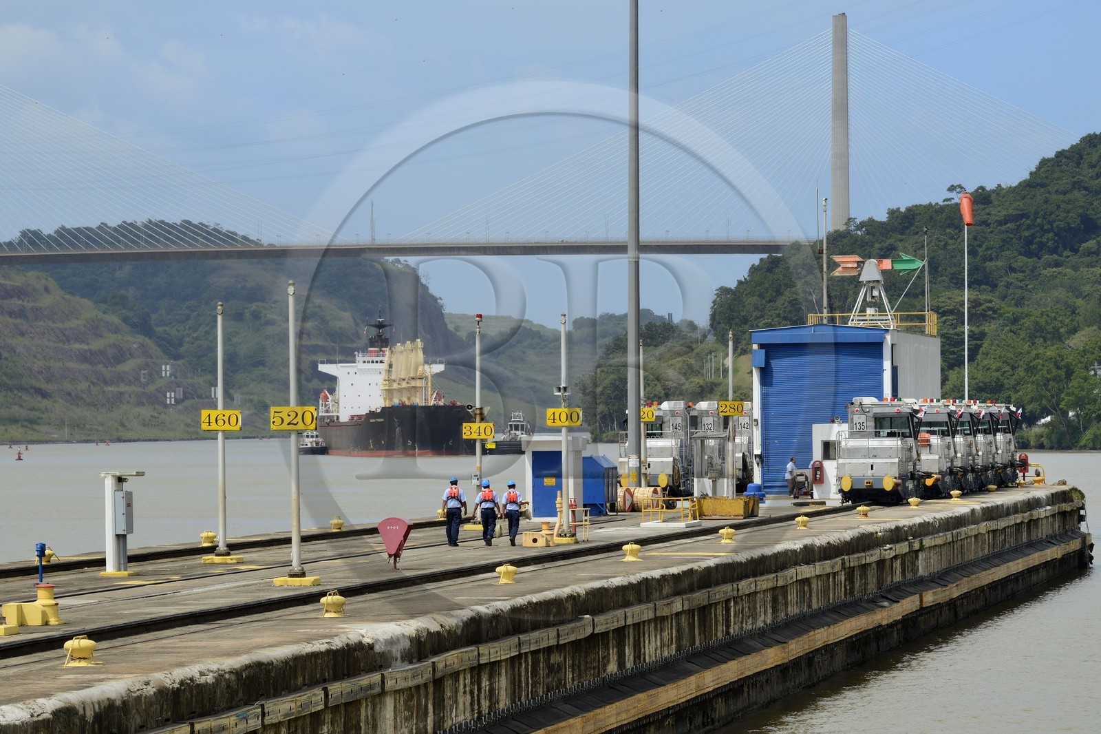 Panama, Canal de Panama, écluses de Pedro Miguel, cargo Panamax passant l'écluse