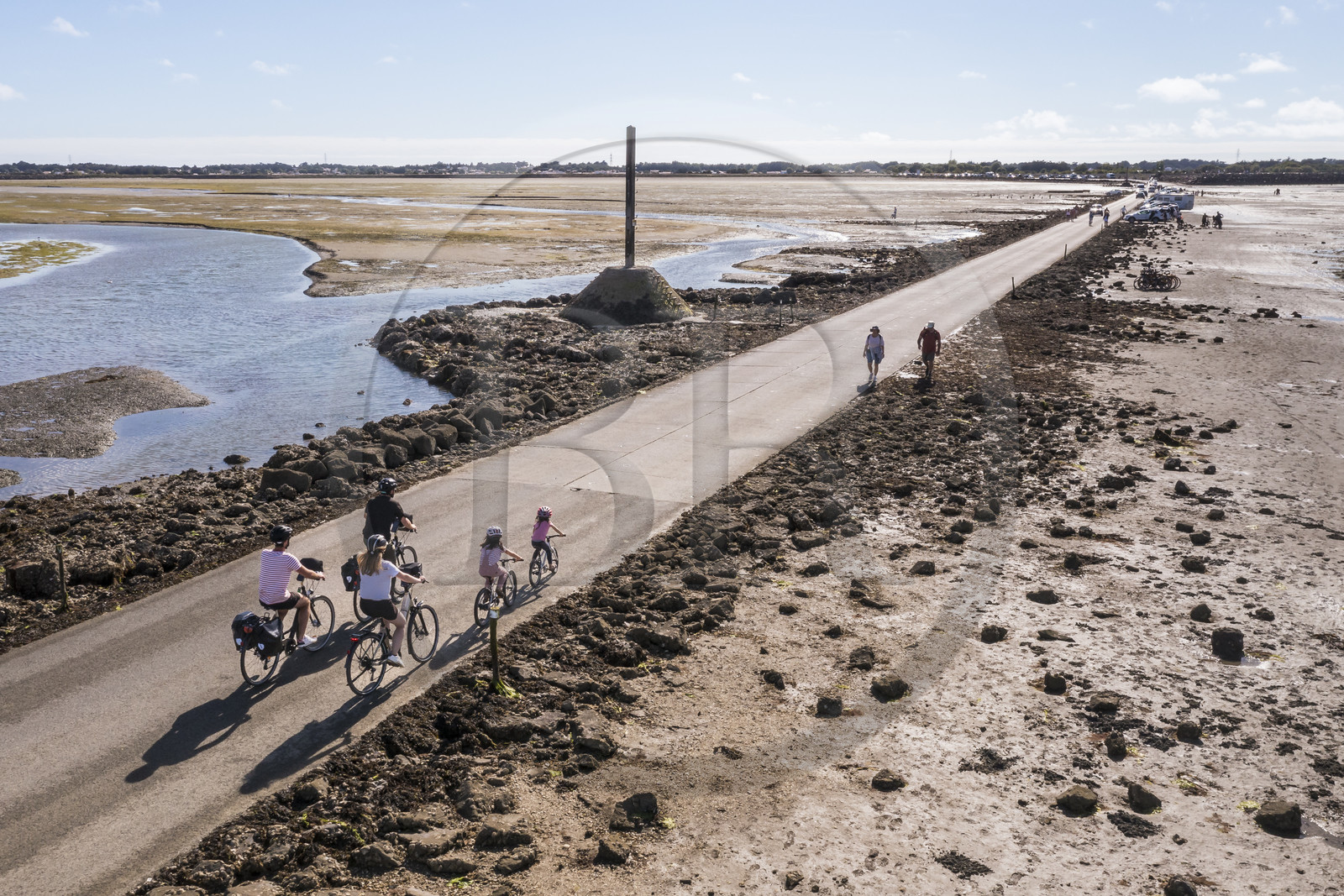 France, Vendée (85), île de Noirmoutier, Barbatre, cyclistes sur le passage du Gois, chaussée submersible qui relie l'île au continent à marrée basse (vue aérienne)