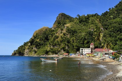 Caribbean, Dominica Island, Soufriere Bay, the beach and the village of Soufriere