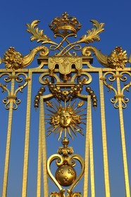 France, Yvelines, Chateau de Versailles, listed as World Heritage by UNESCO, detail of the Royal Gate drawn by Mansart (restored in June 2008) which separating the Royal Courtyard