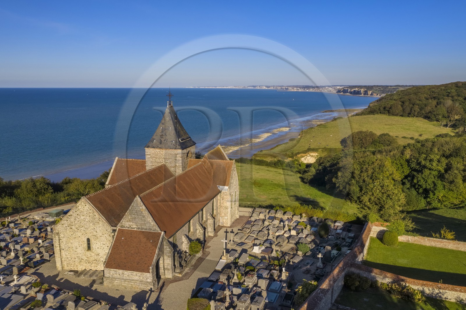 France, Seine-Maritime, Cote d'Albatre (Alabaster Coast), Pays de Caux, the Saint-Valery church of Varengeville-sur-Mer and its cemetery by the sea overlooking the cliffs of the Cote d'Albatre (Alabaster Coast) (aerial view)