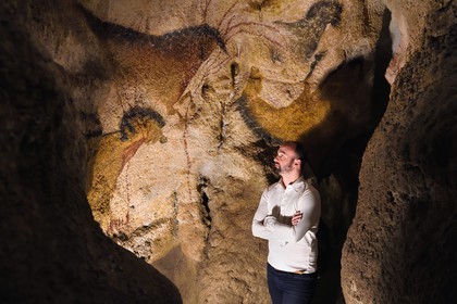 France, Dordogne, Perigord Noir, Vezere Valley, Montignac sur Vezere, Lascaux II caves, reconstitution of the prehistoric site and decorated cave listed as World Heritage by UNESCO, the centre international d'art pariétal de Lascaux operations director Guillaume Colombo