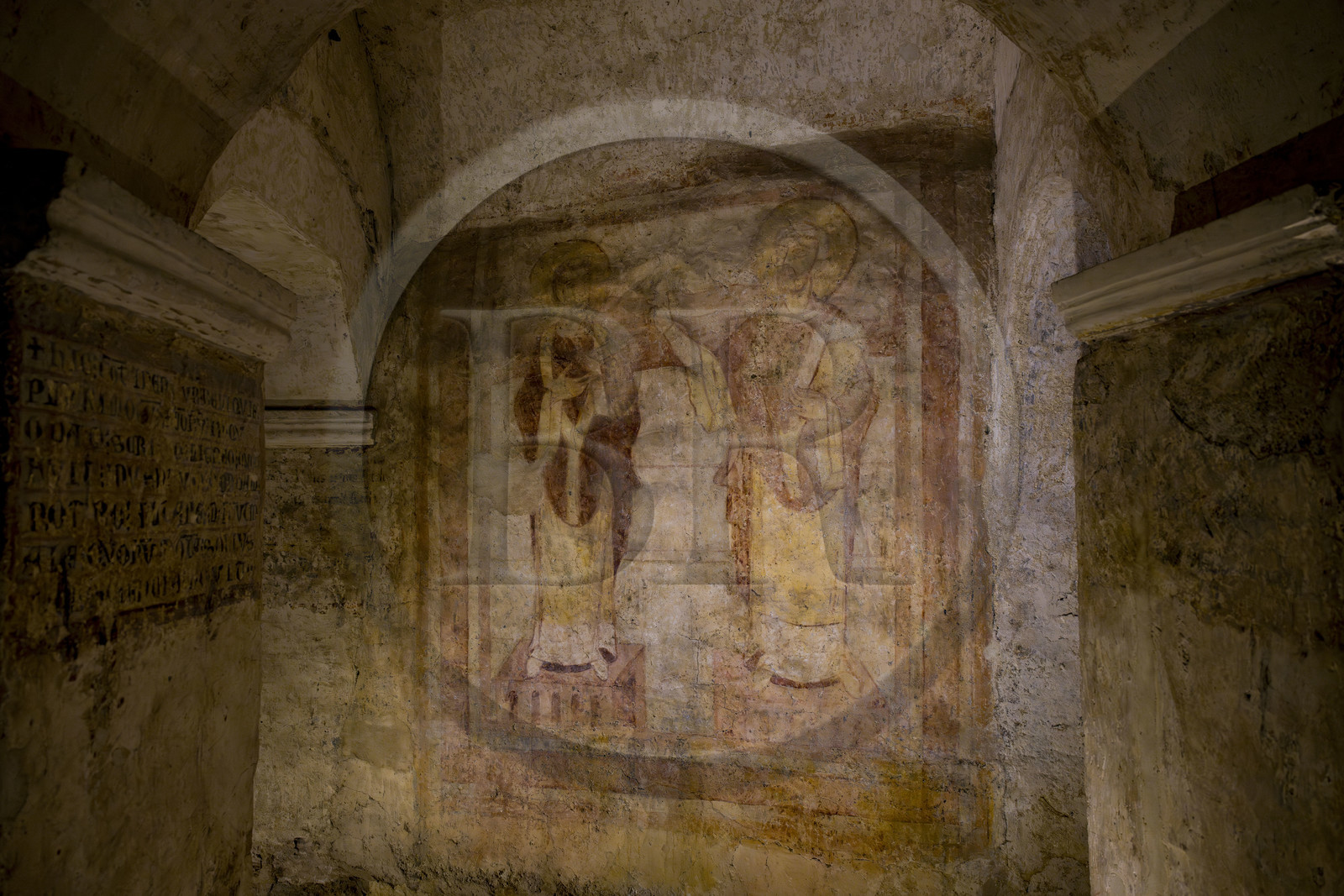 France, Yonne, Auxerre, Saint Germain Abbey church, crypt with Carolingian architecture, oratory dedicated to the first Christian martyr Saint Stephen with its unique frescoes from the 9th century, painting depicting the transfer of power between tonsured and haloed bishops carrying the gospels