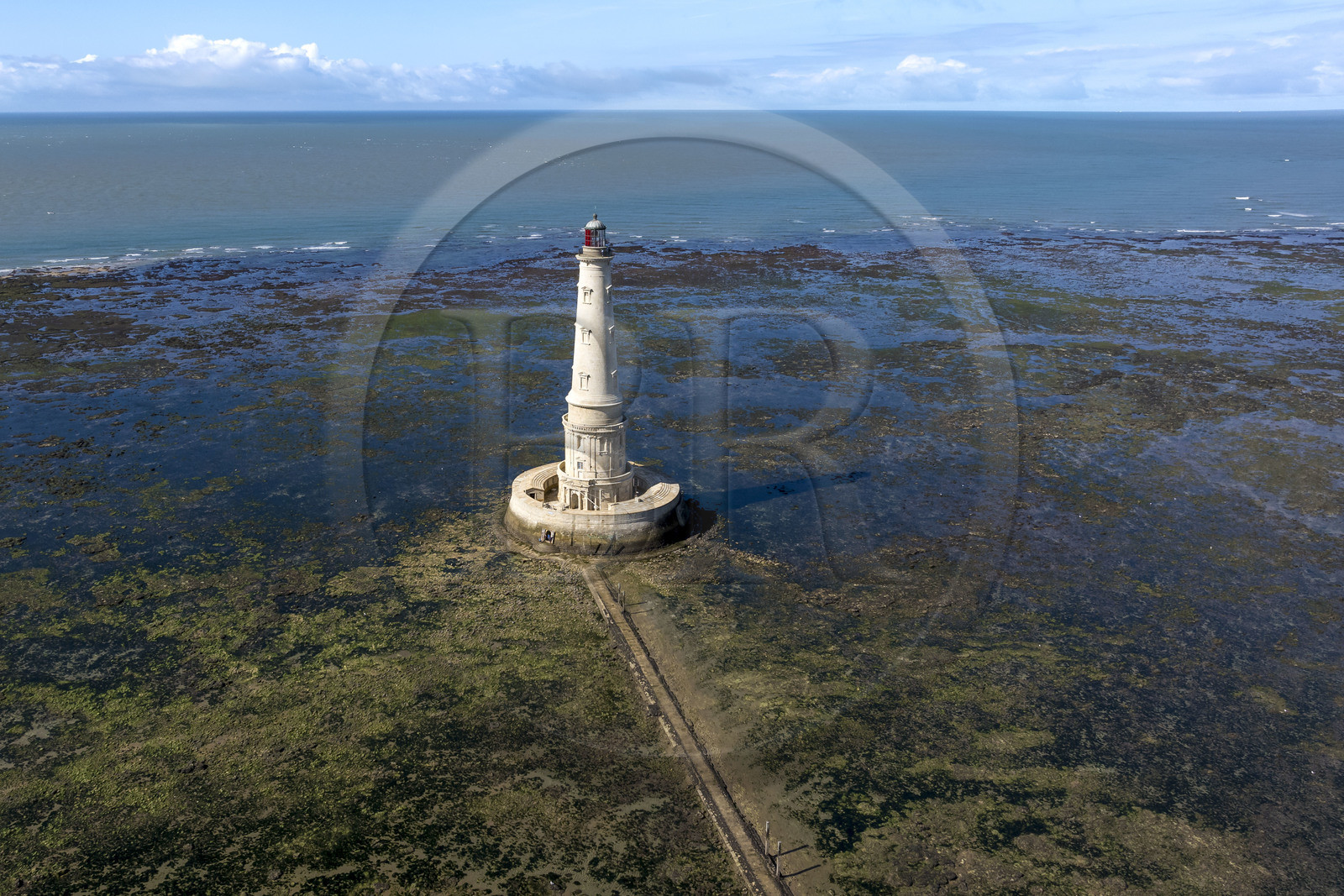 France, Gironde, Verdon sur Mer, rocky plateau of Cordouan at low tide, lighthouse of Cordouan, listed as World Heritage by UNESCO (aerial view)