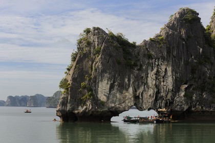 Vietnam, province de Quang Ninh, la Baie d'Halong classée Patrimoine Mondial de l'UNESCO, regroupement de bateaux de pêche sous une arche naturelle d'un ilot calcaire