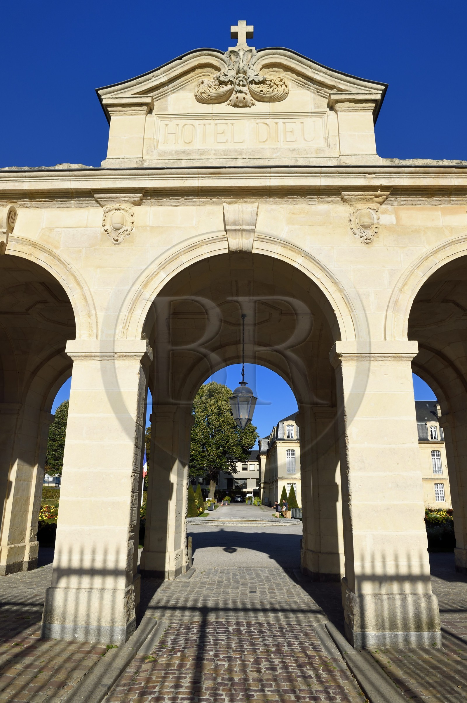 France, Calvados, Caen, Abbaye aux Dames (Abbey of Women), pediment of the Hotel Dieu (former hospital) portico