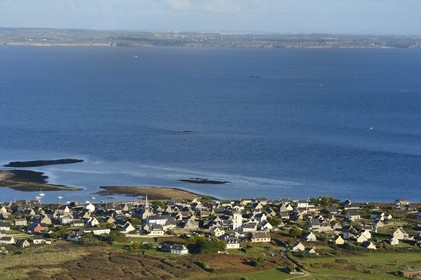 France, Finistere, the regional natural park of Armorica, Iroise sea, Molene island in the Molene archipelago and the the continent in the background (aerial view)